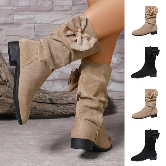 Knee-High Heeled Boots for Women, Comfortable Slouchy Solid Color Mid-Calf Boots with Bow Detail for Casual Winter Wear