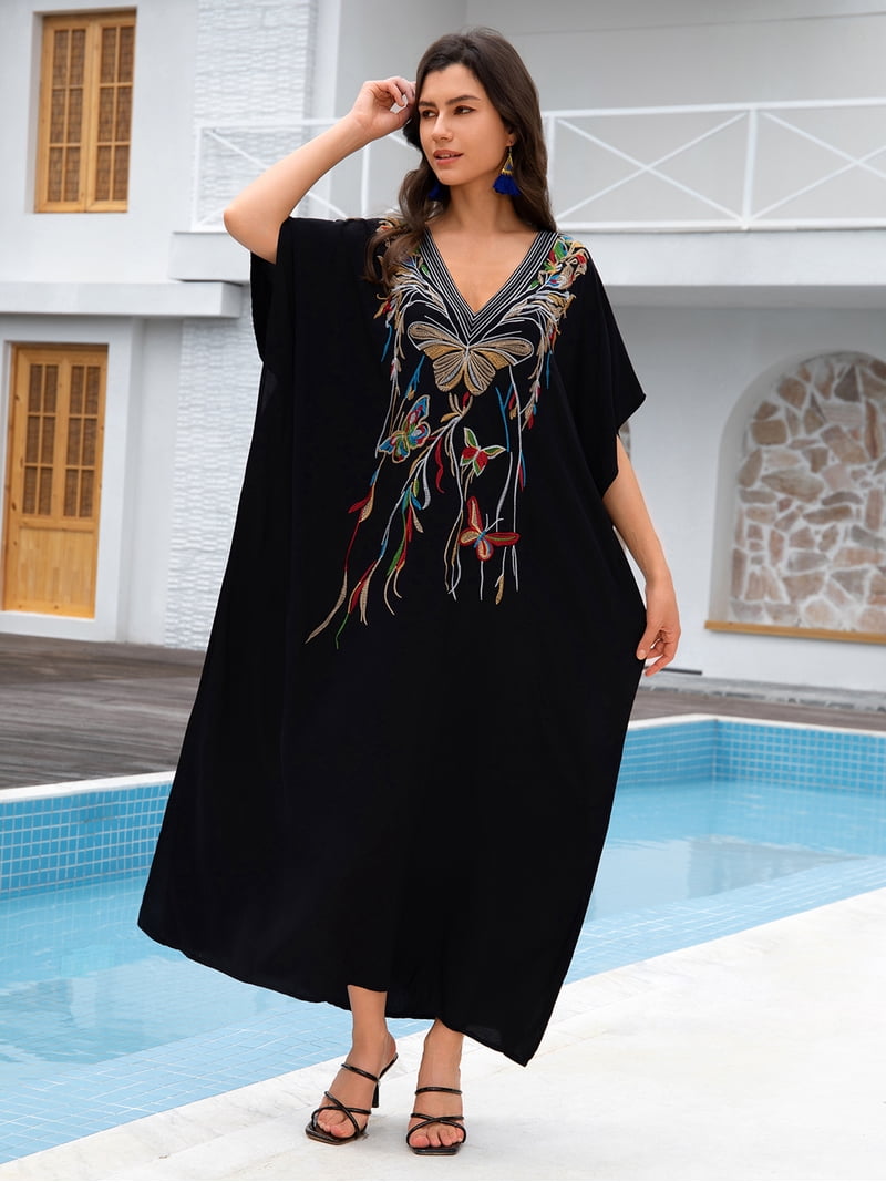 Edolynsa Womens Embroidered Kaftan Dresses Long Swimsuit Cover up Plus Size Caftan Loungewear Maxi Beachwear Boho Beach Tops