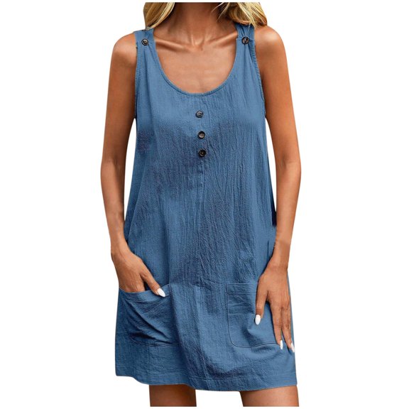 LYEAA Womens Dresses Sleeveless with Pockets Crew Neck Elegant Midi Dresses Solid Casual Dressy Loose Button Pullover Dresses Modest Vacation Dresses Blue S