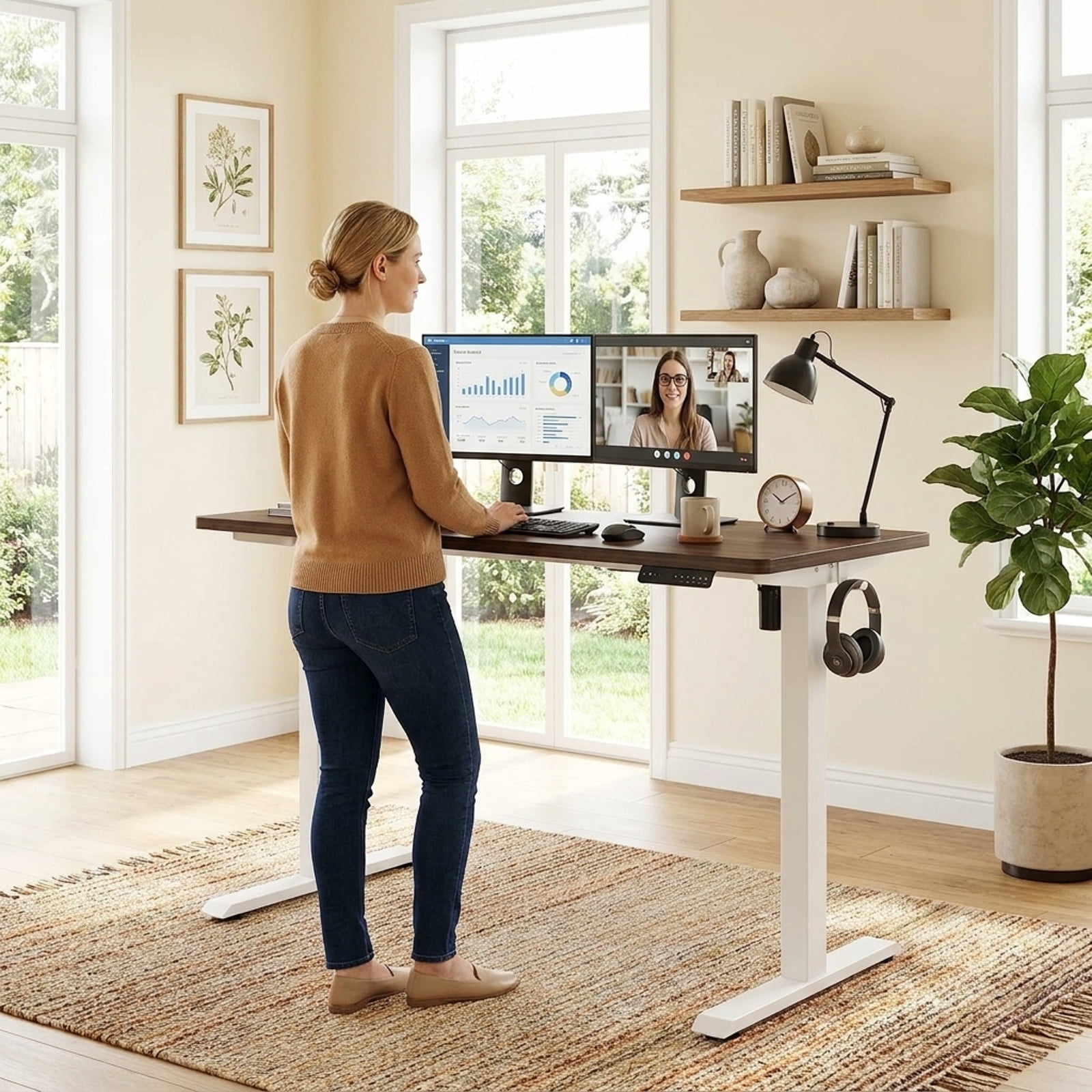 Furnibear 63 x 24 Inch Height Adjustable Sit Stand Computer Desk with 3 Memory Presets for Home Office Study Computer Writing Workstation, Grey