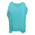 thumbnail image 2 of Women Swimsuit Cover Up Shirt Tassel Balls Trim Loose Fit Beach Bathing Suit for Swimwear Bikini Dress(Blue.), 2 of 3
