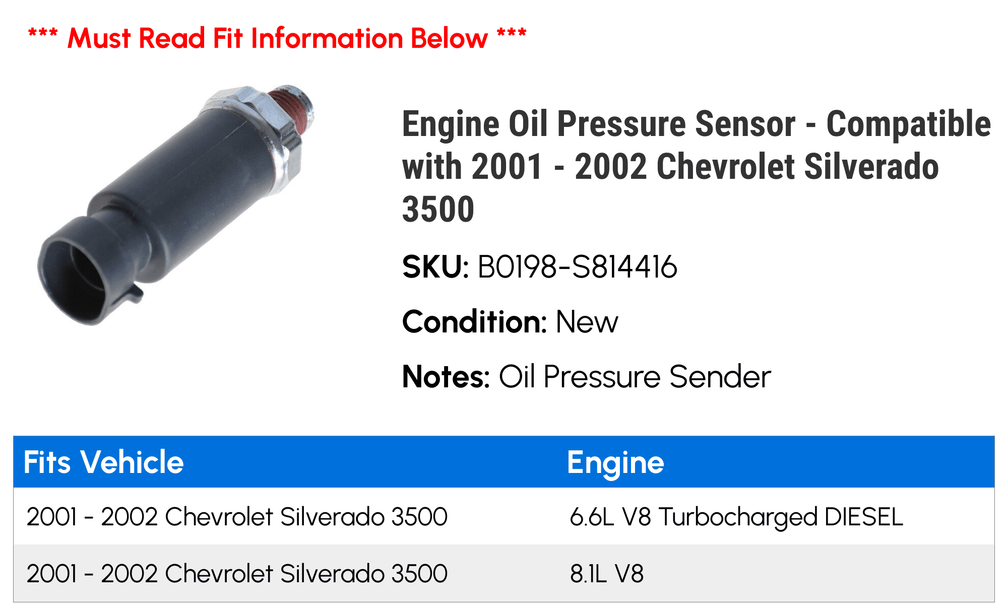 Engine Oil Pressure Sensor - Compatible with 2001 - 2002 Chevy Silverado 3500