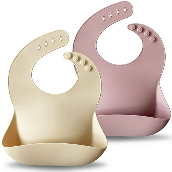 2-Pack Silicone Baby Bibs – BPA-Free, Waterproof & Stain-Resistant Feeding Bibs with Deep Catch-Pocket & Adjustable Neck for Babies & Toddlers (Pale Mauve & Shifting Sand)