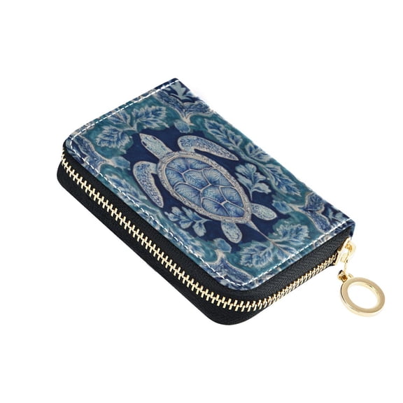 PU Leather Zipper Card Case Credit Card Holder Small Wallets Dark Teal Turtle Pattern