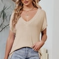 thumbnail image 4 of Summer Saving Wycnly Womens Blouses and Tops Dressy Fashion Loose Fit Knitted Ribbed Plus Size Tshirts 2024 Summer V-Neck Short Sleeve Color Patchwork Casual Blouses Beige XL, 4 of 5