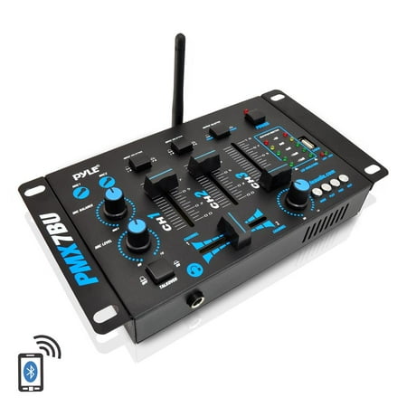 PYLE PMX7BU - Bluetooth 3-Channel DJ MP3 Mixer, Mic-Talkover, USB Flash Reader, Dual RCA & Microphone Inputs, Headphone