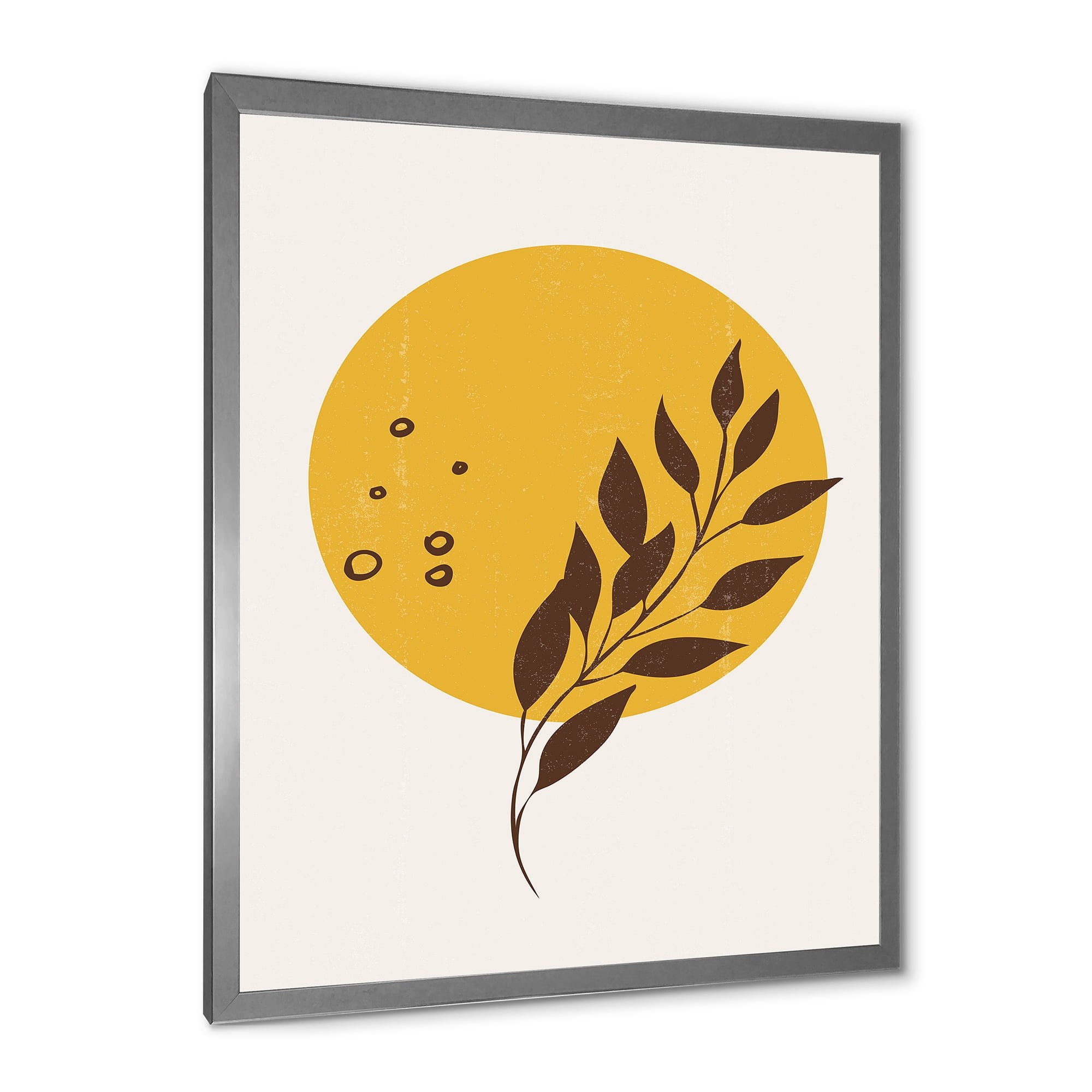 Designart 'Abstract Moon and Yellow Sun With Tropical Leaf II' Modern Framed Art Print