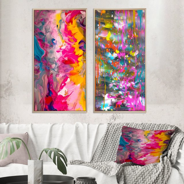 Designart "Retro Groove Summer Abstract Expressionism" Peinture Abstraite Encadrée Art Mural Ensemble de 2 - Art Mural Encadré Rose Moderne Ensemble de 2
