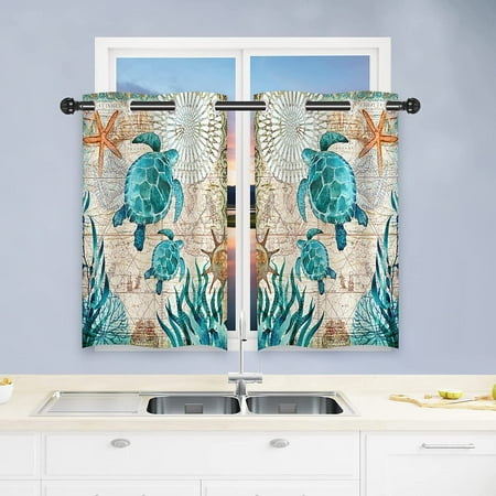 Sea Turtles Curtains, Teal Turtles Coral Reef with Nautical Map and ...