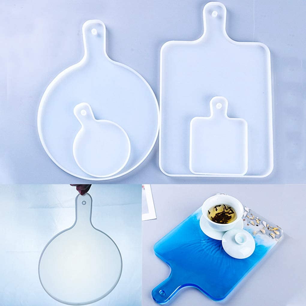 ABCISI 4Pcs Resin Tray Molds, Rectangle Silicone Molds for Cutting Board, Round Epoxy Resin Casting Molds with Handles, DIY Large Serving Tray Mold Set