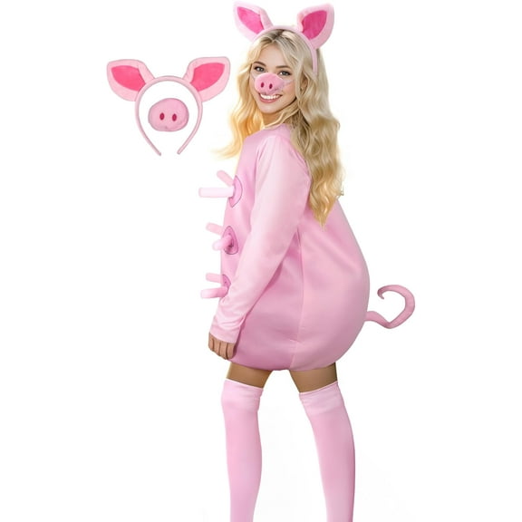 VZQI Adult Pig Costume for Women with Pink Pig Ears and Nose Christmas Cuddly Animal Costumes
