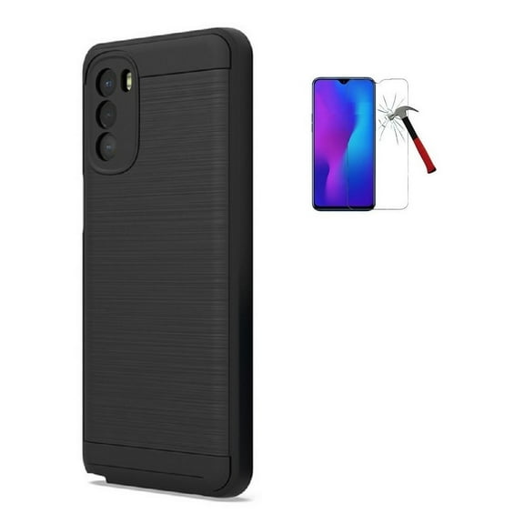 Phone Case for Motorola Moto G Stylus 5G 2022,  Slim Metallic Brushed Shock Resistant Cover   Tempered Glass (Black)