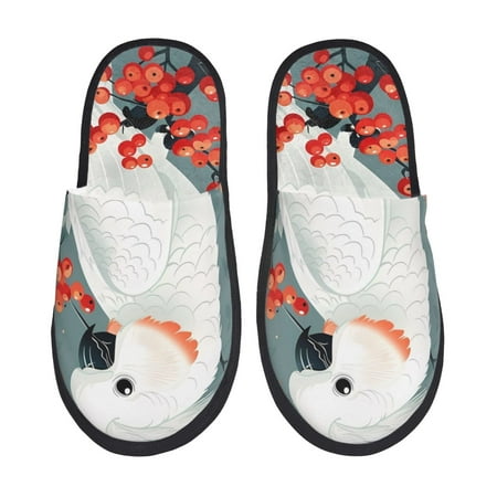 Balery Cockatoo Red Berries Slient Indoor Furry Fleece Comfort House Shoes Soft Non-Slip Home Shoes Cotton slippers House Slippers-- Medium