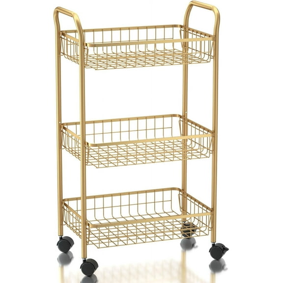 3 Tier Rolling Utility Cart, Storage Trolley Service Cart with Wheels Easy Assembly for Kitchen, Living Room, Office, Salon, Gold