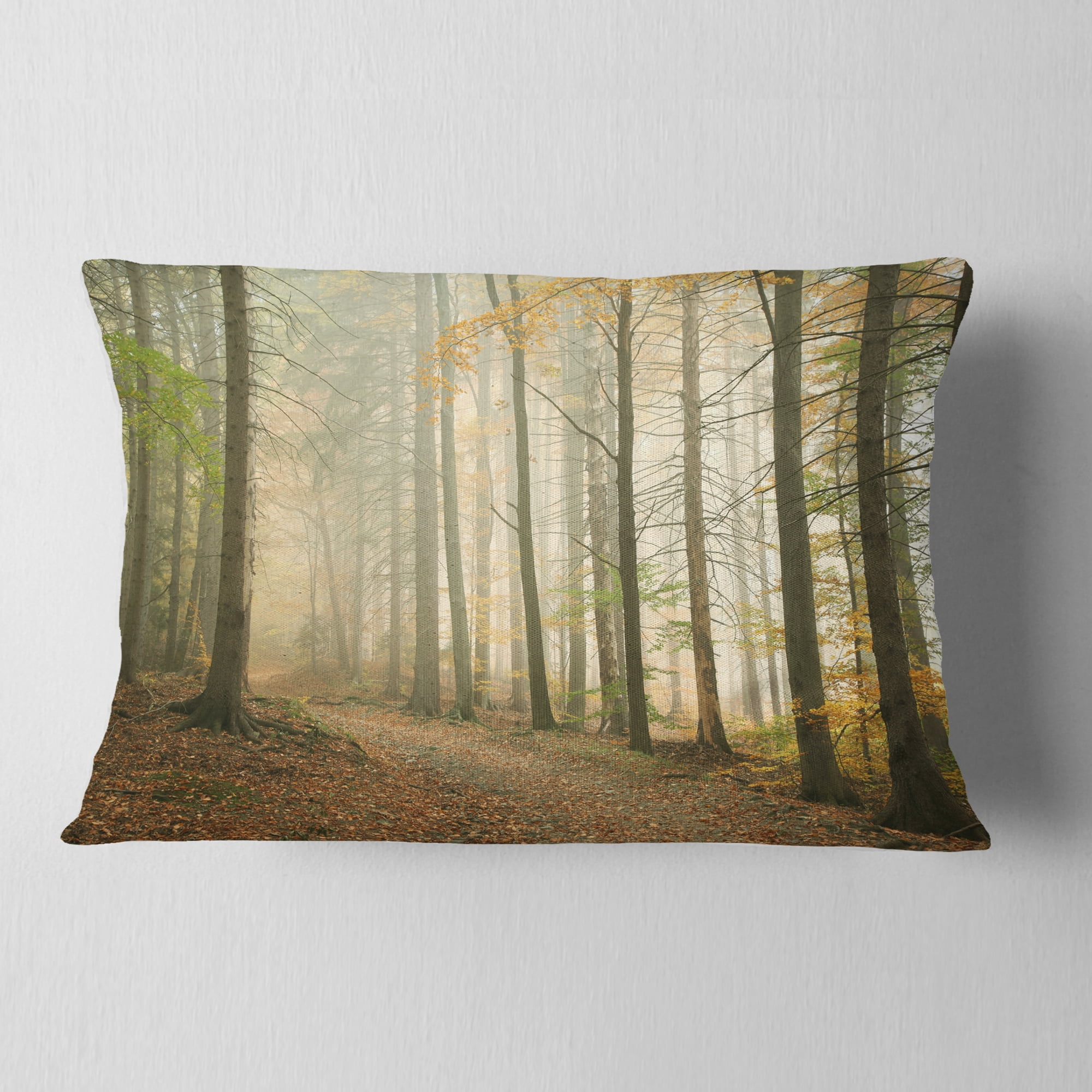 Designart Path in Misty Autumn Forest - Landscape Photography Throw Pillow - 12x20