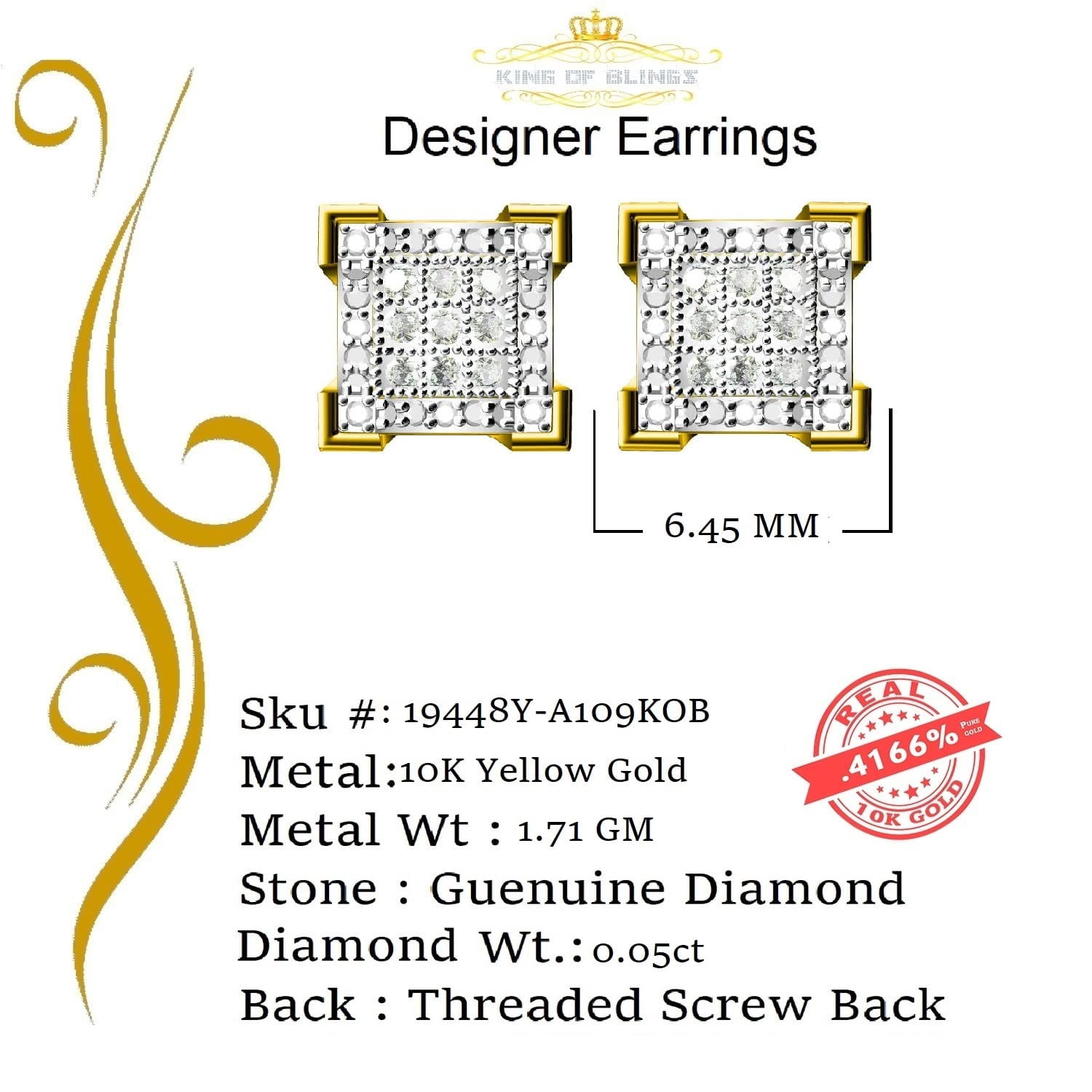 King of Bling's 10K Real Yellow Gold with 0.05CT Real Diamonds Men's/Women's stud Earrings