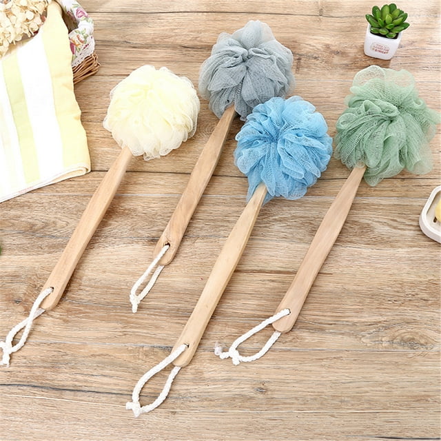 Fiudx Cepillo de Baño de Mango Largo, Diseño de Esponja de Malla Suave, Mango de Madera para Mayor Comodidad, Práctico Cepillo de Limpieza Corporal, Práctico para Uso Diario, Tamaño de 36 X 12 Cm, Id