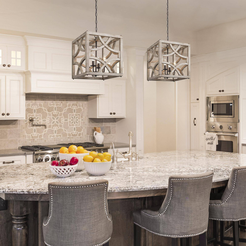 LNC Elderflower 4-Light Farmhouse Pendant Light in Rustic Iron and Weathered Wood Finish