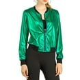 thumbnail image 3 of MODA NOVA Juniors Halloween Costume Casual Stand Collar Metallic Zip Crop Length Bomber Jacket Green M, 3 of 7