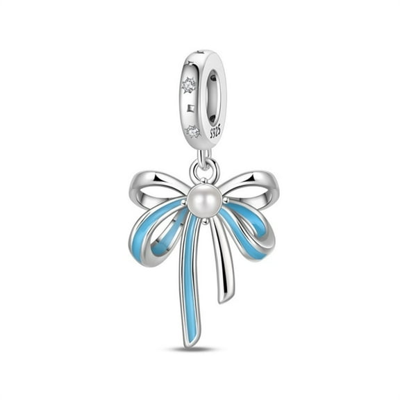 KUNSIR 925 Sterling Silver Charm Blue Bow Dangle Pendant For Bracelets Charm DIY
