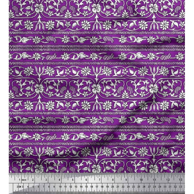 Soimoi Polyester Crepe Fabric Leaves & Floral Block Print Fabric by The Yard 52 Inch Wide