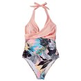 thumbnail image 4 of Women's One Piece Bikini Swimsuit Print Patchwork Backless Halter Tie with Removable Bra Pads No Underwire for Beach Vacation,Pink,XL, 4 of 8
