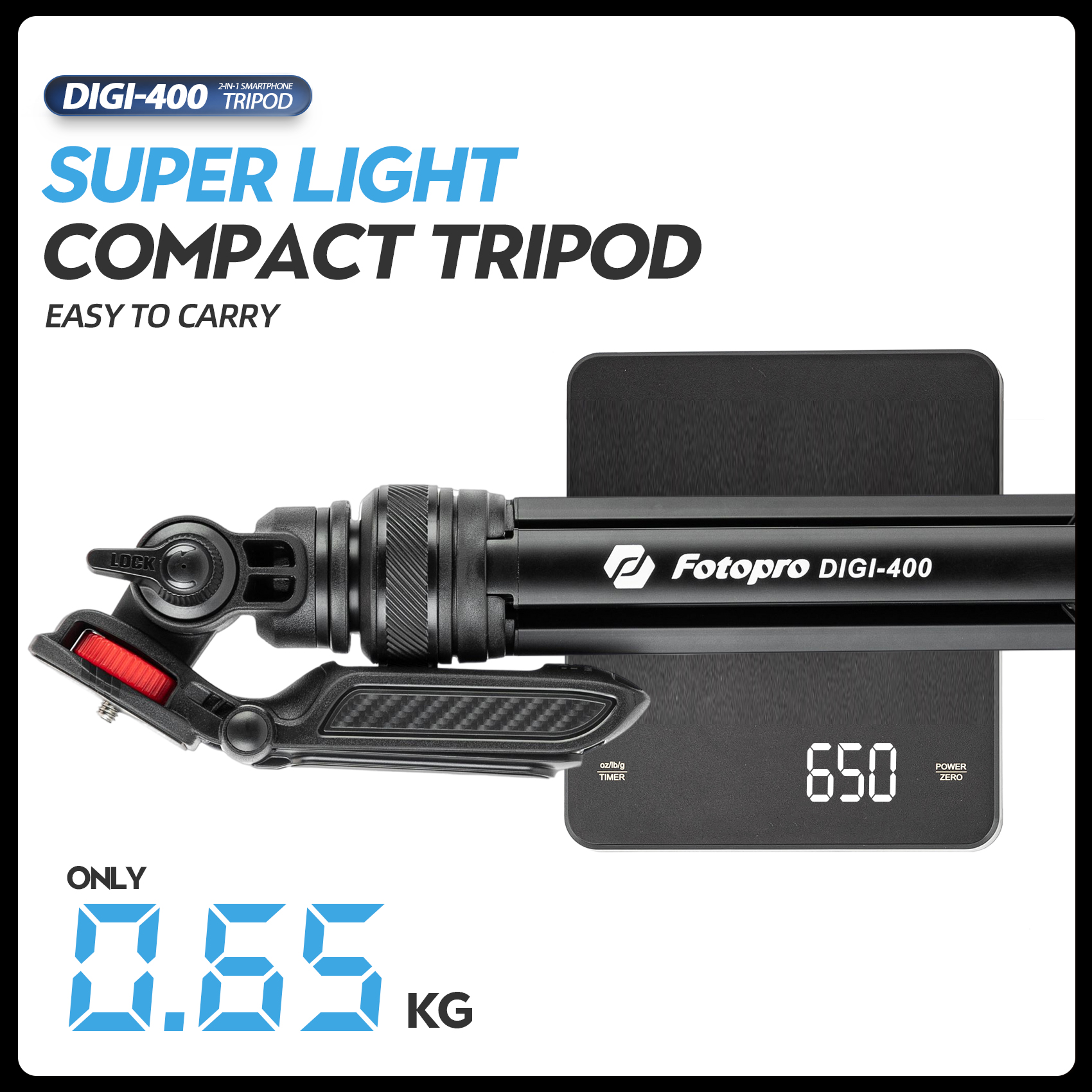 Fotopro 55"Camera Tripod, 2-in-1 Compact Phone Tripod with Fluid Video Head Hidden Cold Shoe Phone Clip, 1.5lbs Lightweight Aluminum Max Load 6.6lbs