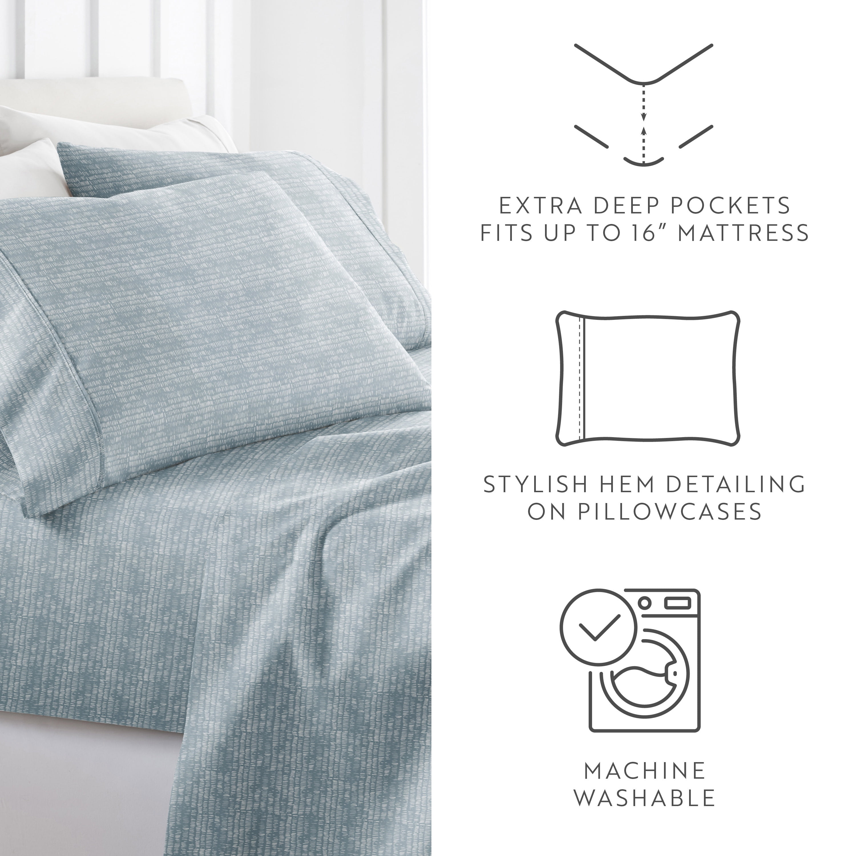 Noble Linens 4 Piece Pattern Microfiber Bed Sheets Set, Dashed Lines Light Blue , King