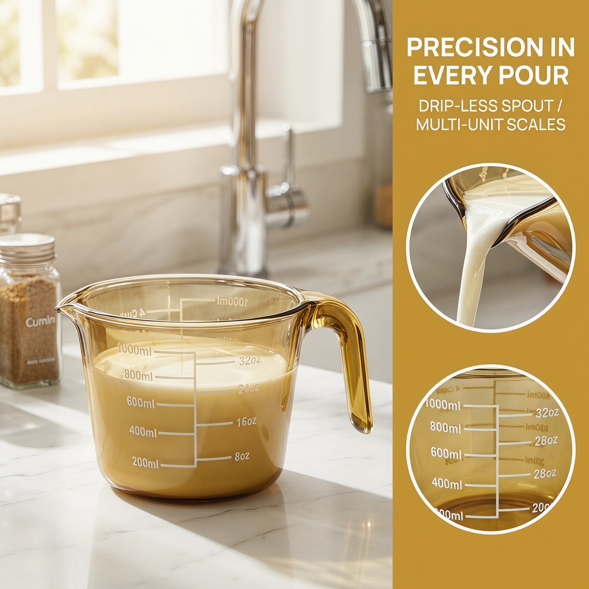 Unique Bargains Glass Measuring Cup for Kitchen Cooking Yellow 1000ml 2Pcs