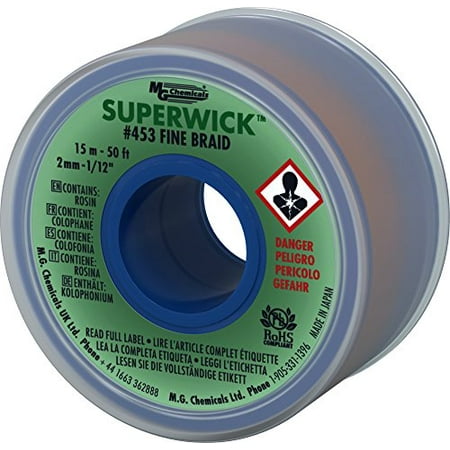 

MG Chemicals Desoldering Braid #3 Fine Braid Super Wick with RMA Flux 50 Length x 0.075 Width Green