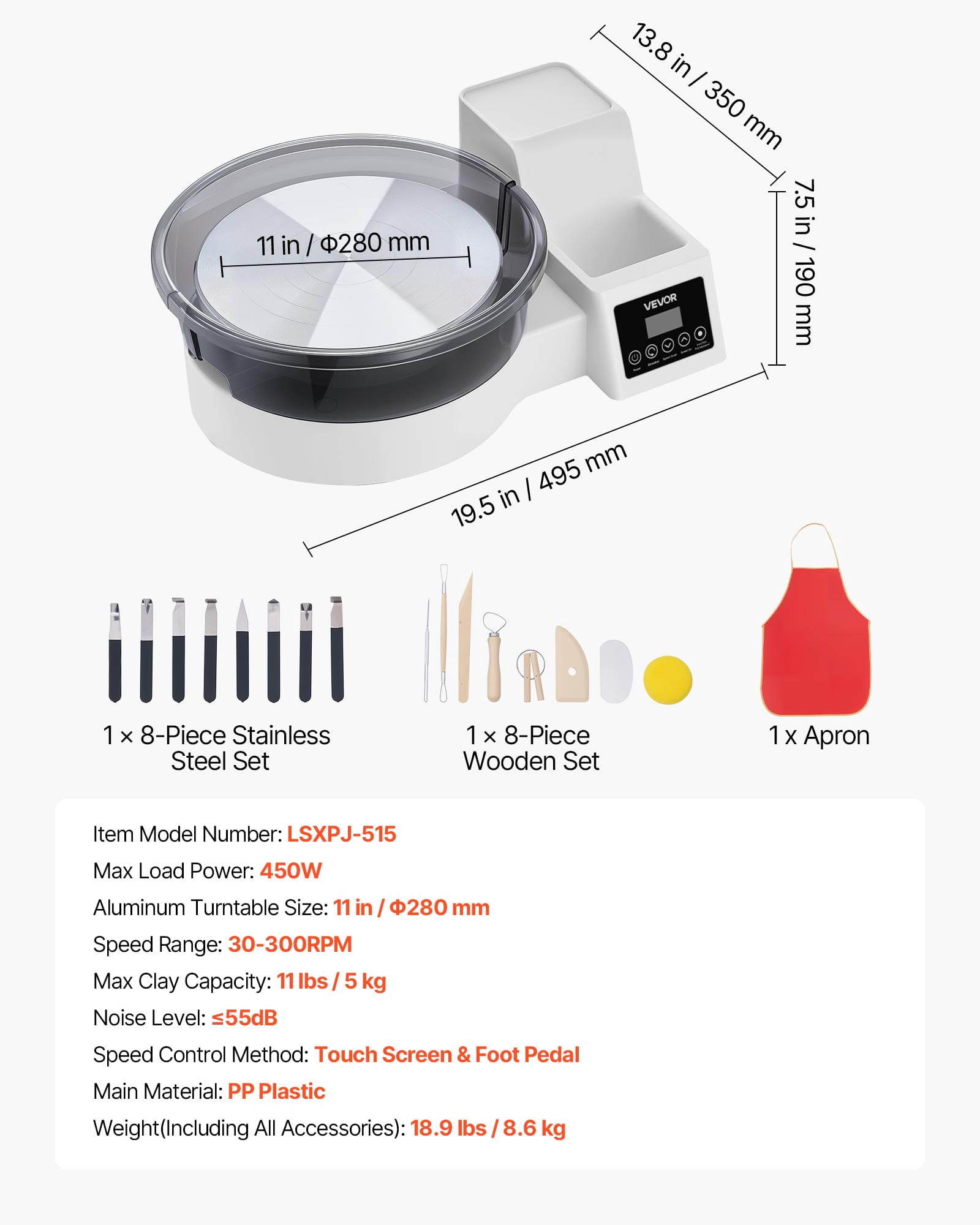 VEVOR Pottery Wheel for Adults, 11" Aluminum Turntable, 450W Electric Table Top Pottery Wheel with Foot Pedal, 30-300 RPM Adjustable Speed, Detachable Basin, for Beginners, DIY Clay Art Craft, White