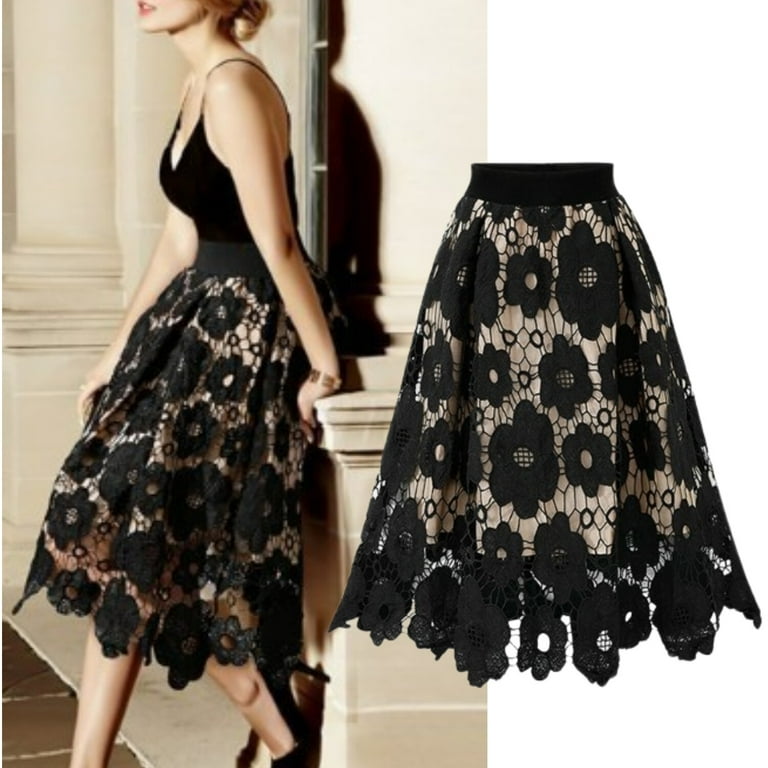 LOEL Women s Plus Size High Waist A Line Skirt Asymmetrical Hemline Lace Skirt Red Green Black 3D Floral Double Layered Mesh Midi Skirt