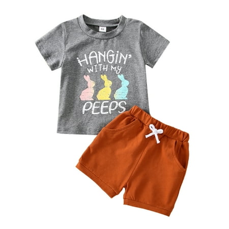 

Sunisery Toddler Baby boy Easter Outfits Letter Print Short Sleeve T-Shirt Bunny Print Top Drawstring Shorts Set