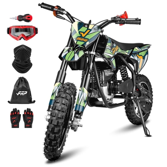 FRP FX40 Kids Dirt Bike, 40cc 4-Stroke Gas Powered Dirt Bike for Kids, Pull Start, Dual Disc Brakes, EPA Certified, 20MPH, Includes Goggles & Gloves - Green