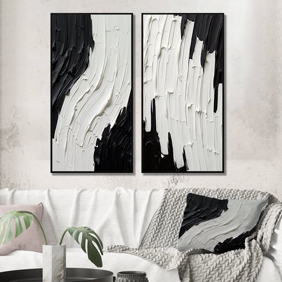 Designart "Transient Essence Monochrome Abstract Symphony II" Abstract Painting Framed Wall Art Set Of 2 - Modern Black Gallery Wall Frame Set For Home Decor