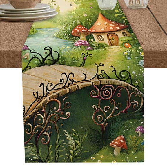 Vintage Mushroom Green Forest Cottage Table Runner-70 Inch Long Watercolor Flower Table Runners Linen Burlap Tablerunner for Kitchen Dining Room Holiday Party