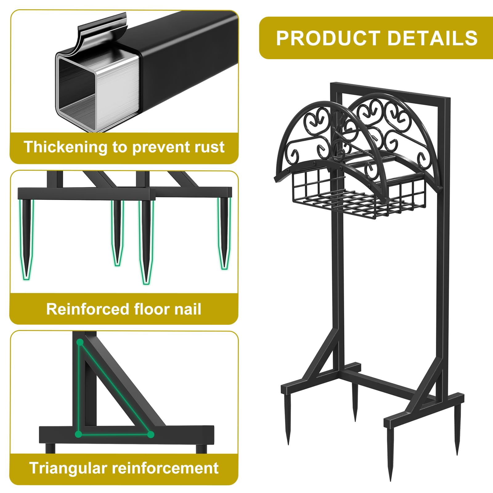 Yacona Garden Hose Holder, Heavy Duty Freestanding Hose Reel Hanger for Outside, Supports 160-Feet Hose, Black