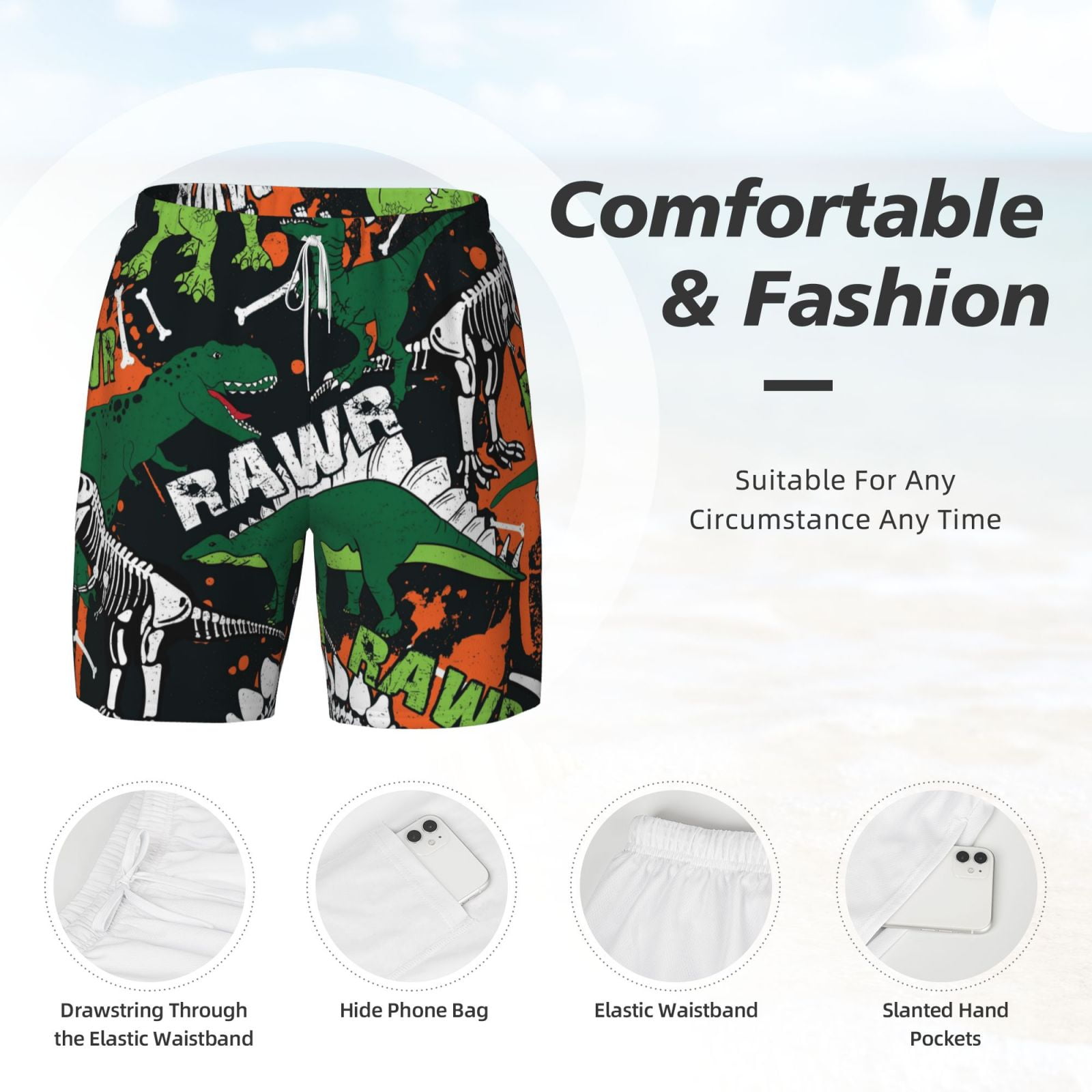 Xecao Dinosaur Skeleton for Men's Swimming Trunks Swim Trunks Quick Dry Swim Shorts with Mesh Lining Funny Swimwear Bathing Suits