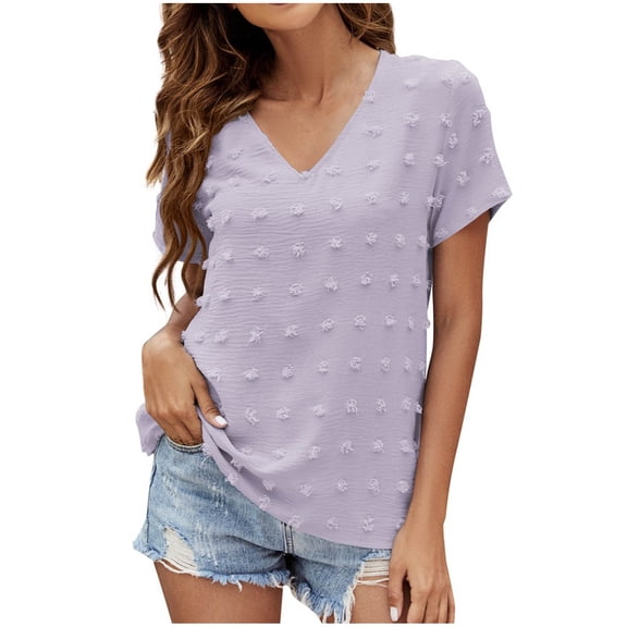 USSUMA Short Sleeve Womens Blouses and Tops Dressy Swiss Dot Solid Color Plus Womens Tops Casual Cute Basic Chiffon T-Shirts Shirt for Women Trendy V Neck Tunic Plus Size