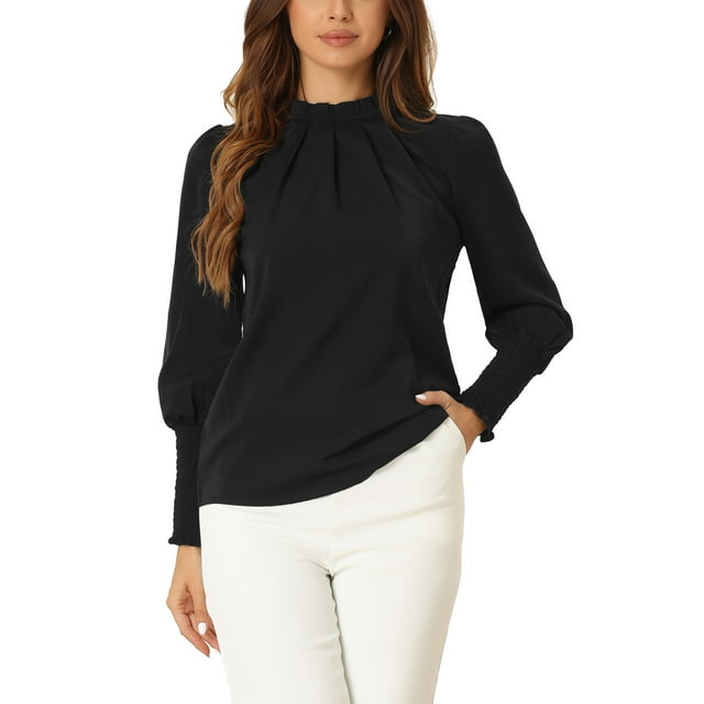 INSPIRAR CHIC Blusa de Manga Larga para Mujer Cuello Alto Moda 2023 Camisa de Trabajo Plisada de Chifón Sólido Top de Chifón Negro S