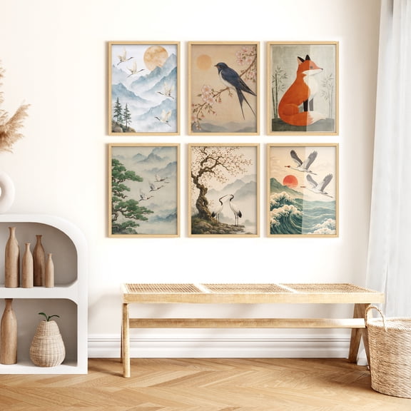 Framed Print Wall Art Set of 6 - Abstract Landscape Poster Art - 6 Pieces Japanese Style Vintage Wall Decor for Living Room - 12"x16"x 6 NATURAL