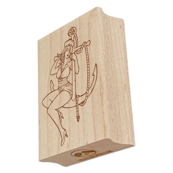 Pin-Up Sailor Woman on Anchor Rectangle Rubber Stamp Stamping Scrapbooking Crafting - Small 1.7in