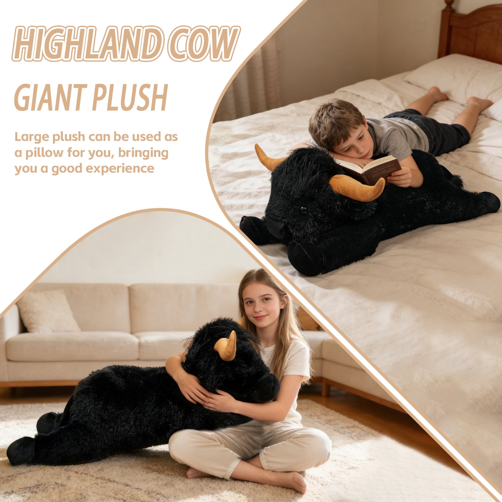 Giant Highland Cow Stuffed Animal 38" Black Plush Cow, Soft Giant Cow Pillow for Kids and Adults