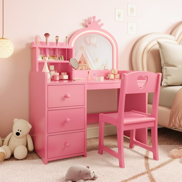 Tocador Infantil con Espejo e Iluminación, Escritorio de Maquillaje para Niñas con Silla, Estantes y Cajones de Almacenamiento