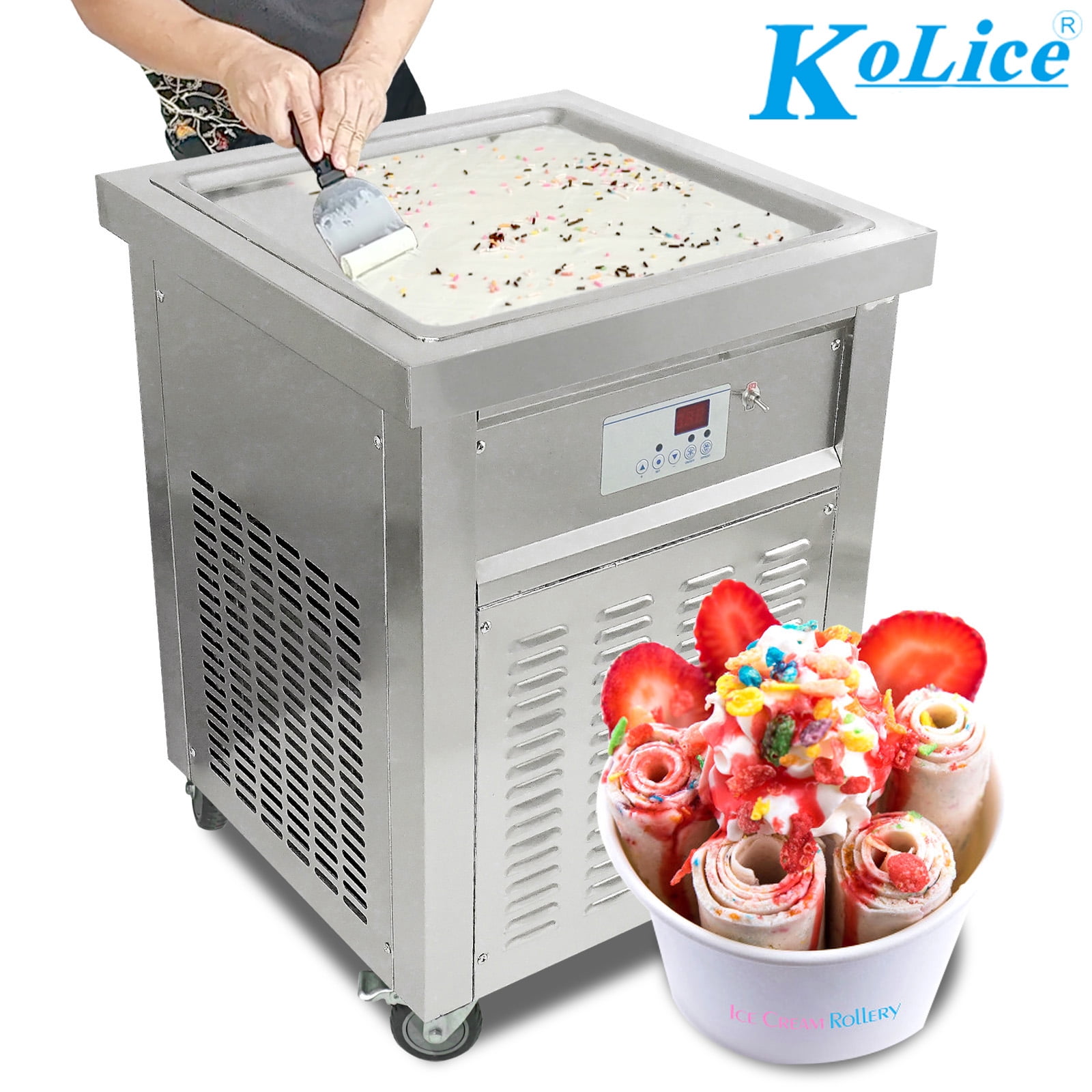 Kolice Counter Top Commercial 18 inchx18 inch Single Pan Roll Ice Cream Machine-3 Buckets, Auto Defrost, Size: 26.77 x 20.08 x 17.32, Silver