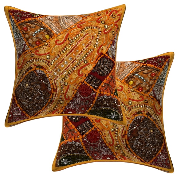 Stylo Culture Ethnic Cotton Decorative Throw Pillow Sham Covers Mango Yellow 16 x 16 Bohemian Beaded Sequins Patchwork Embroidered Couch Cushion Covers 40x40 cm Living Room Pillow Cases | Set Of 2