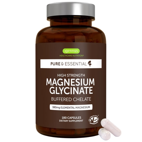 Igennus High Strength Chelated Magnesium Glycinate 1300mg, 380mg Elemental 90% DV, 90 Servings, Pure & Clean Buffered Magnesium Bisglycinate, Vegan, 180 Capsules