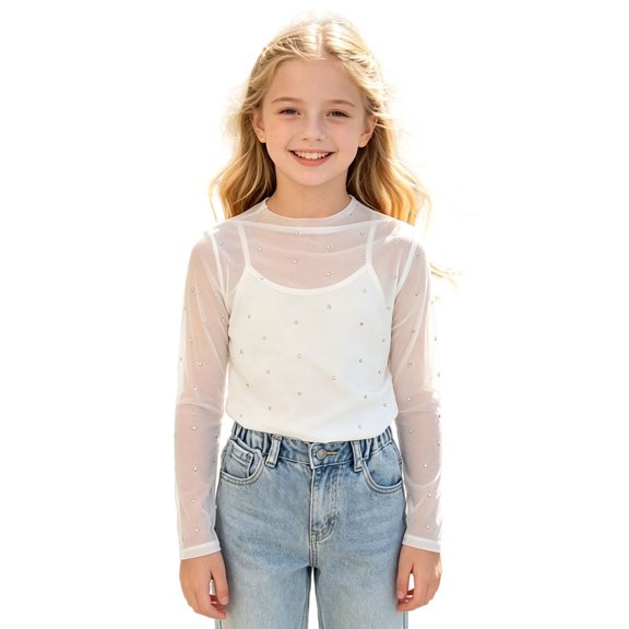 Ruyang Girls Sparkly Mesh Long Sleeved Tops Semi Round Neck Sun Cover Up Elegant Lace Layer Shirt Kids Fall Outfits Slim Fit Blouses
