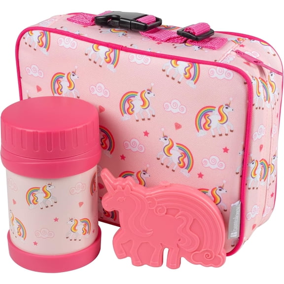 Bentology Kids Lunch Tote Set Pink & Rainbow Unicorn-Includes Reusable Hard Ice Pack & Stainless Steel Food Jar Thermos-Hot or Cold Food
