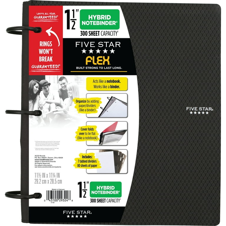 Five Star, Flex 1 1/2 Inch Hybrid NoteBinder, Black, Durable Cover